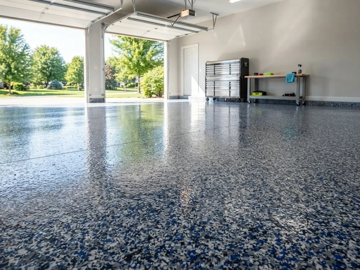 Homepage hero: a finished, glossy full-flake garage floor, wide and bright. Signature shot.