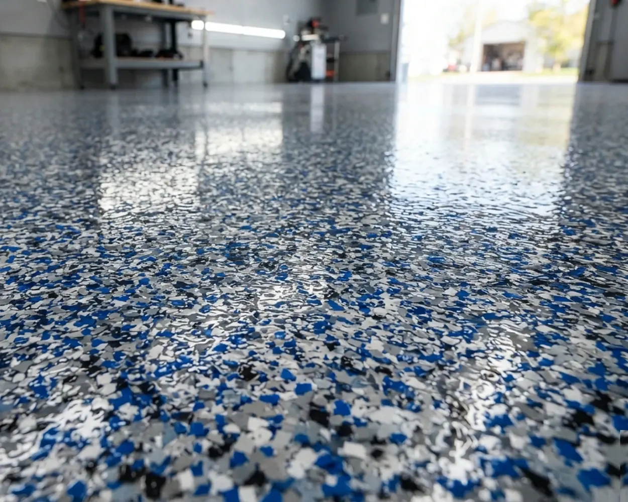 Close view of a finished flake garage floor