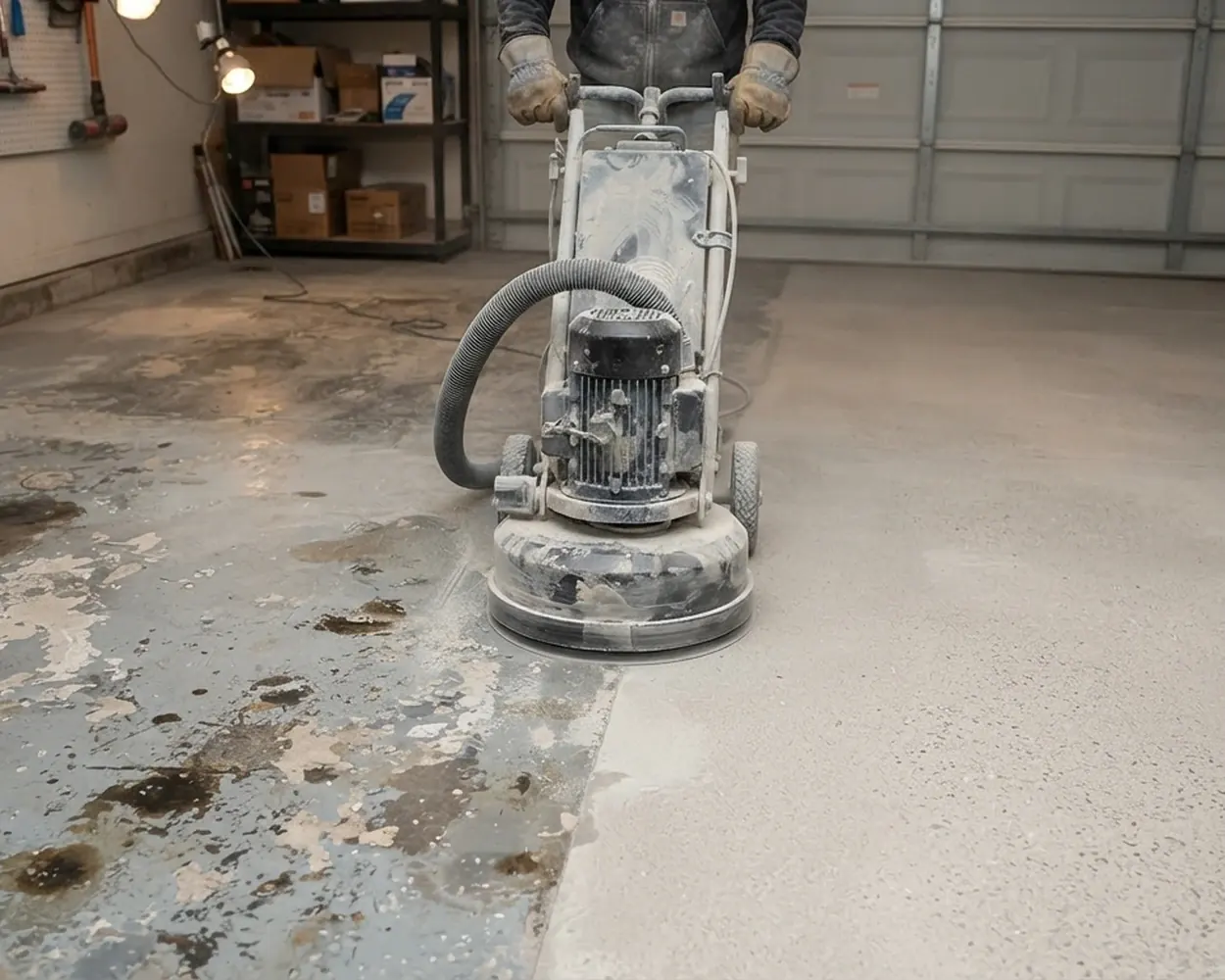 Concrete floor surface showing areas needing assessment