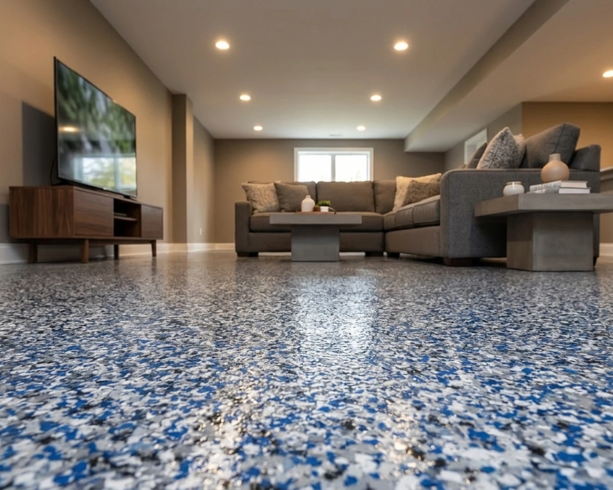 Finished basement rec room with coated floor.