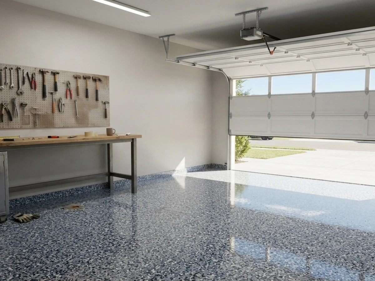 Finished residential garage, flake floor (homepage residential card).